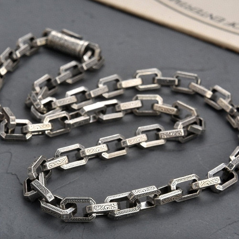 Men's Sterling Silver Ivy Pattern Rectangle Link Chain - Jewelry1000.com