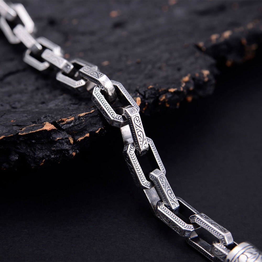 Men's Sterling Silver Ivy Pattern Rectangle Link Chain Bracelet