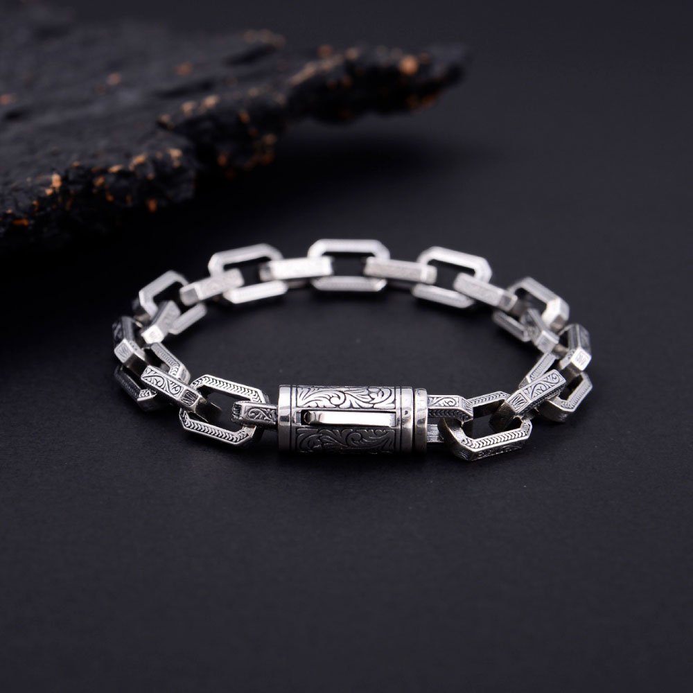 Mens Sterling Silver Ivy Pattern Rectangle Link Chain Bracelet
