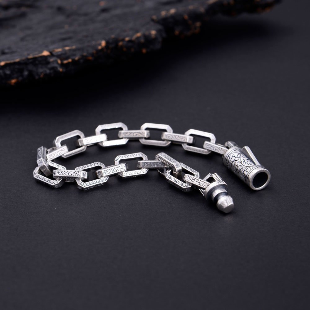 Men's Sterling Silver Ivy Pattern Rectangle Link Chain Bracelet