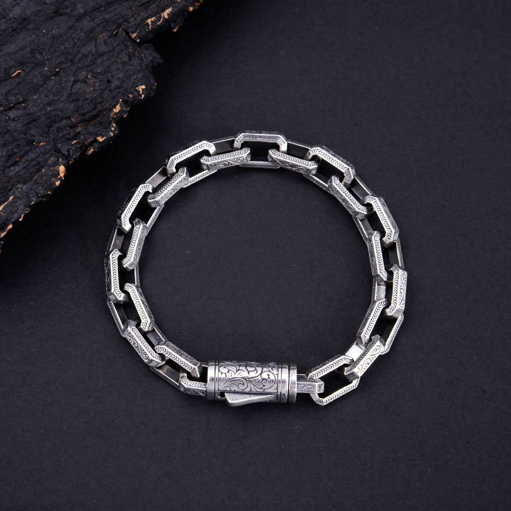 Men's Sterling Silver Ivy Pattern Rectangle Link Chain Bracelet