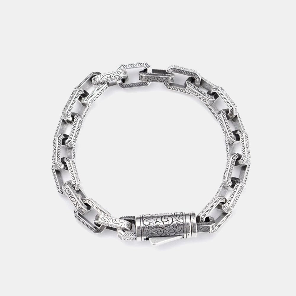 Men's Sterling Silver Ivy Pattern Rectangle Link Chain Bracelet