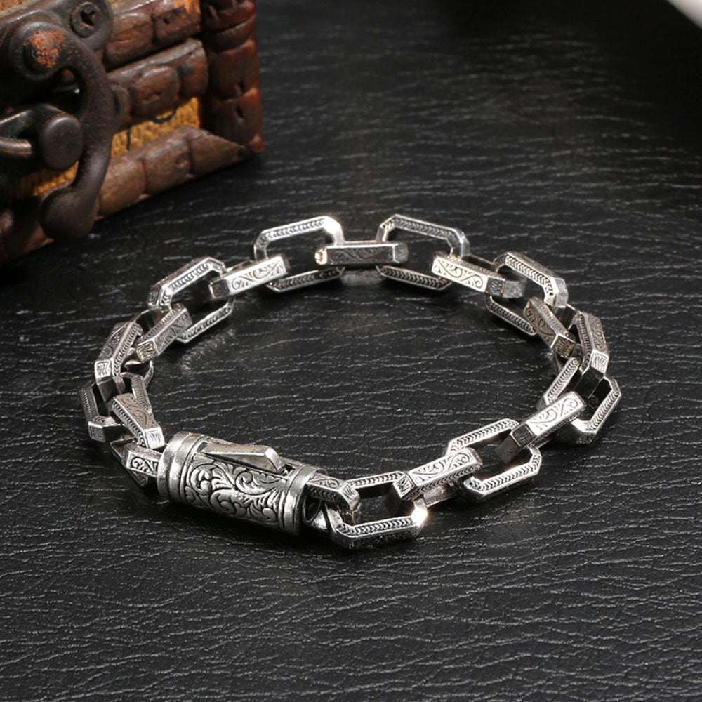 Men's Sterling Silver Ivy Pattern Rectangle Link Chain Bracelet