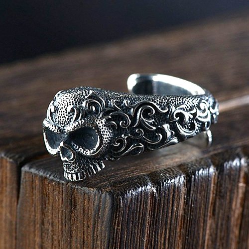 Men's Sterling Silver Ivy Pattern Skull Ring