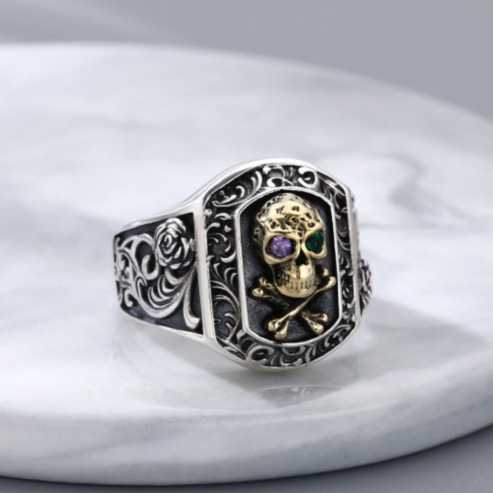 Men's Sterling Silver Ivy Pattern Skull Ring