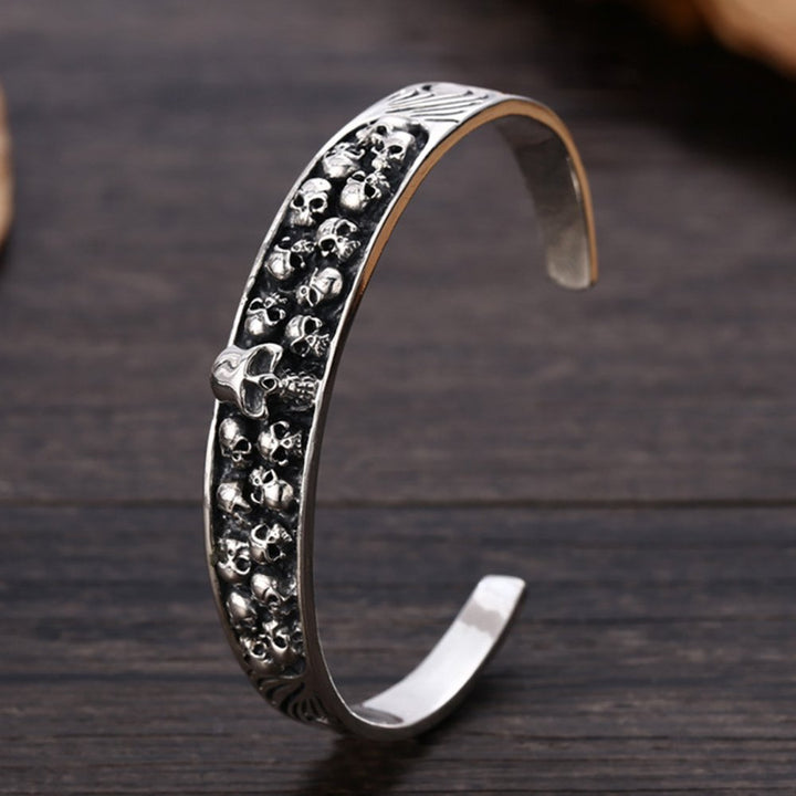 Men's Sterling Silver Ivy Pattern Skulls Cuff Bracelet