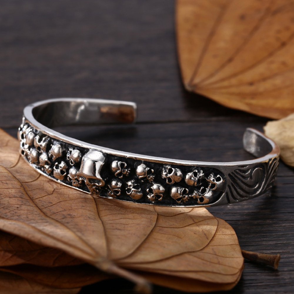 Men's Sterling Silver Ivy Pattern Skulls Cuff Bracelet