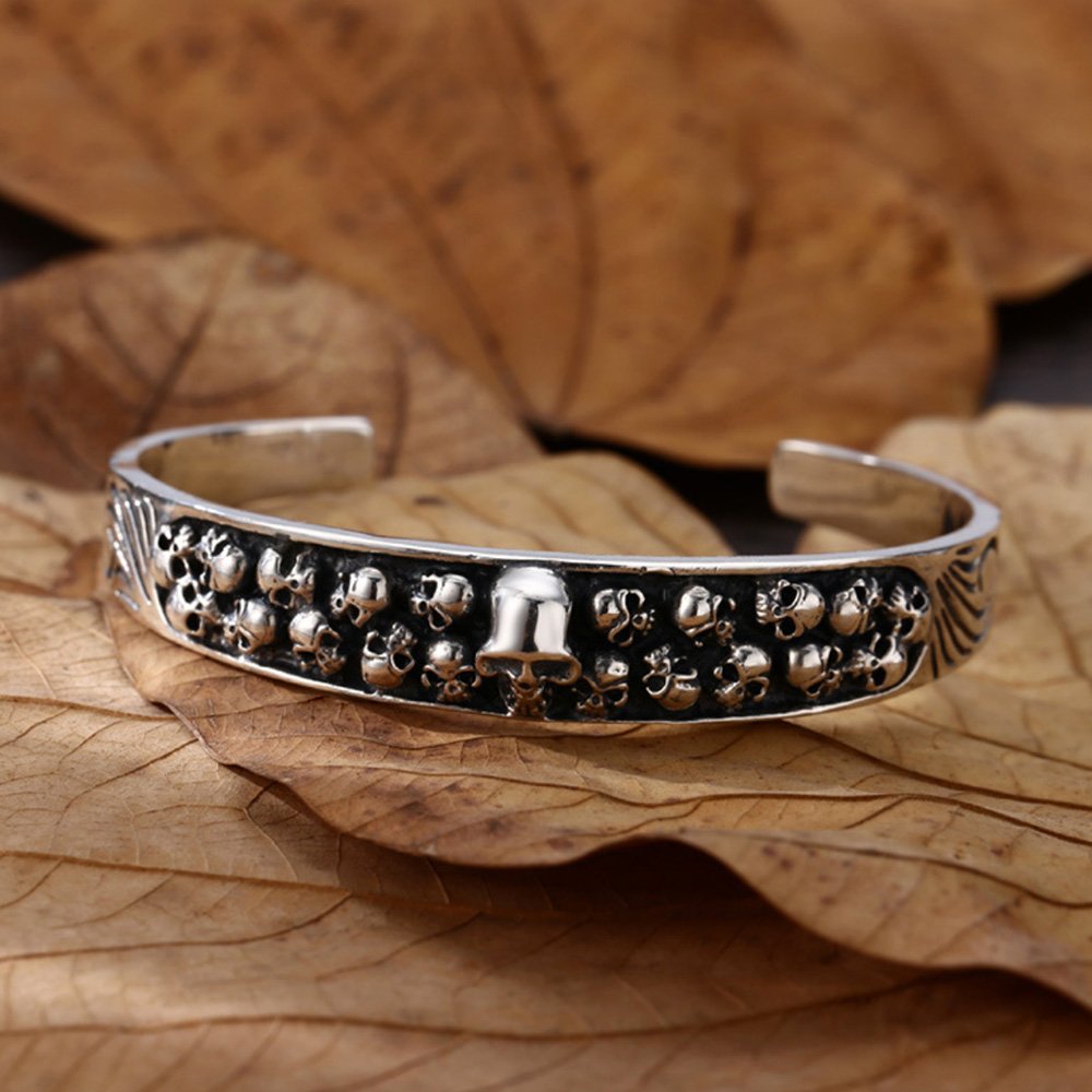 Men's Sterling Silver Ivy Pattern Skulls Cuff Bracelet