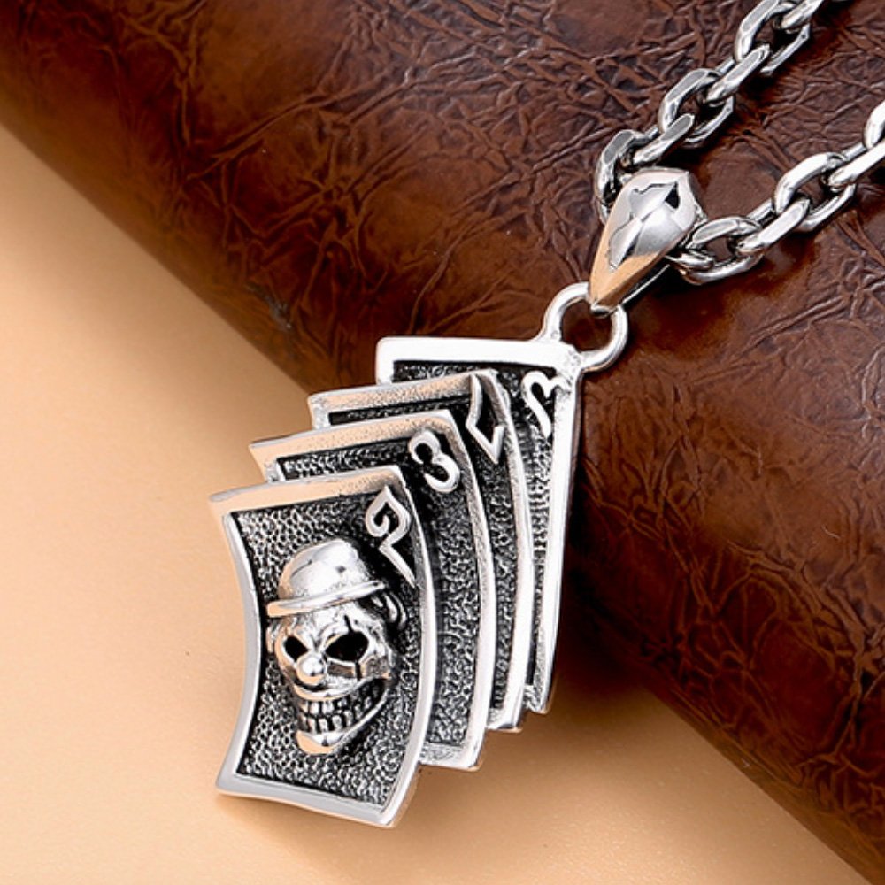 Men's Sterling Silver Joker Skull Poker Necklace