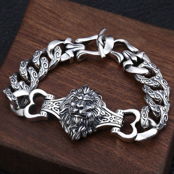 Men's Sterling Silver Lion Cuban Chain Bracelet