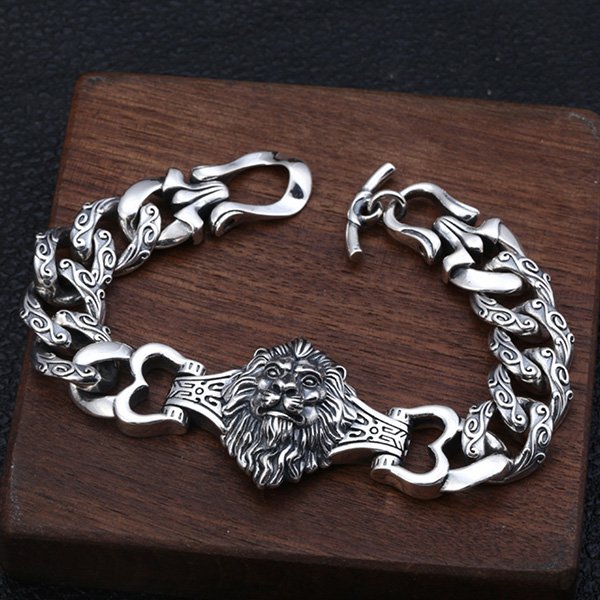 Men's Sterling Silver Lion Cuban Chain Bracelet