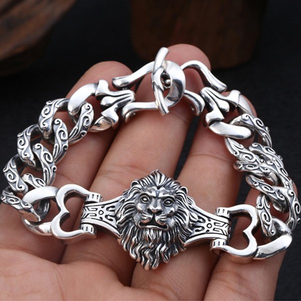 Men's Sterling Silver Lion Cuban Chain Bracelet