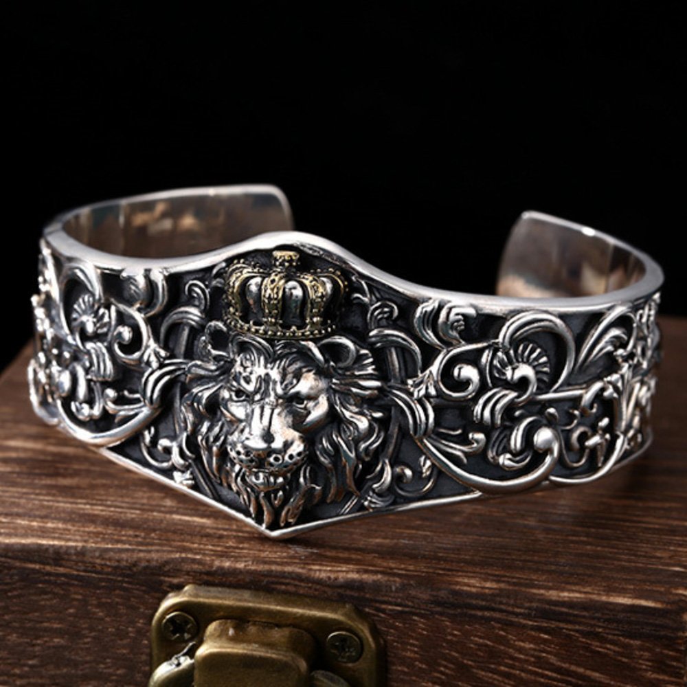 Men's Sterling Silver Lion King Cuff Bracelet