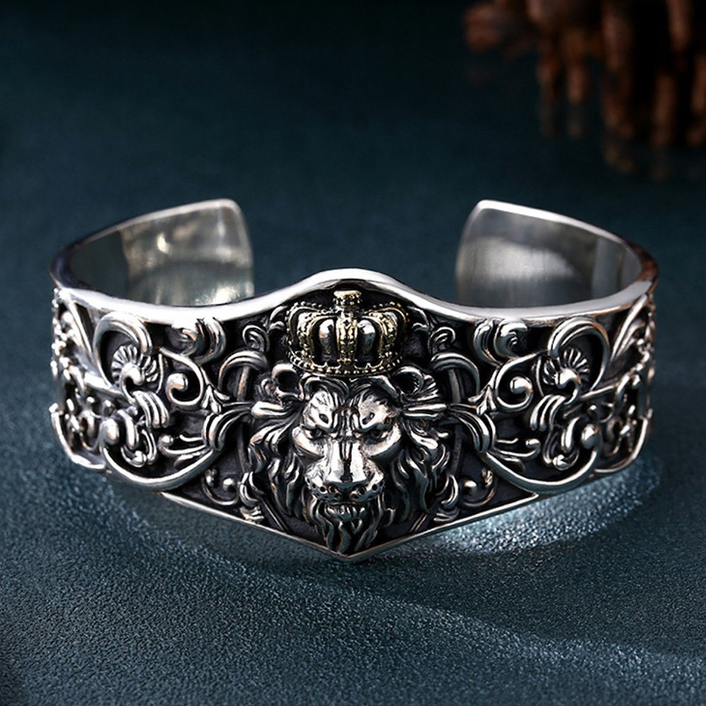 Men's Sterling Silver Lion King Cuff Bracelet