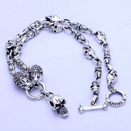 Men's Sterling Silver Lions and Skull Necklace 24”