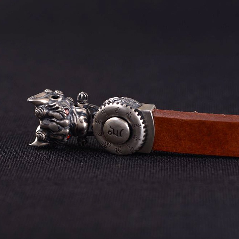 Men's Sterling Silver Mantra of Fortune Leather Belt Bracelet
