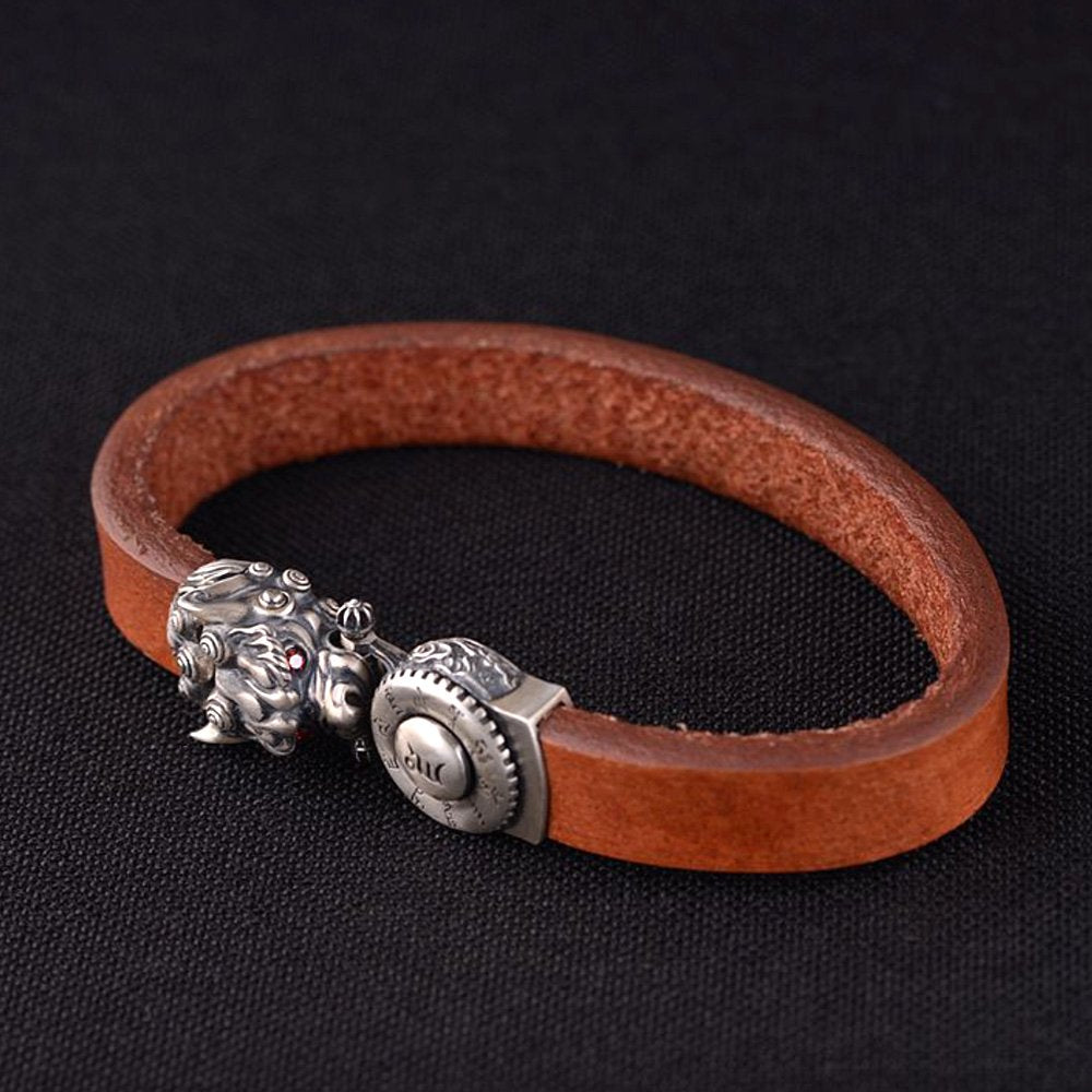 Men's Sterling Silver Mantra of Fortune Leather Belt Bracelet