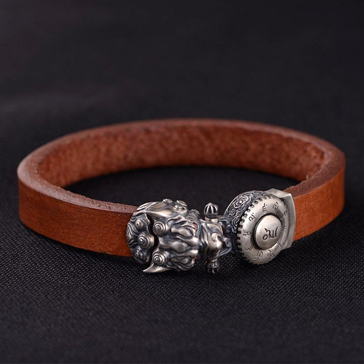 Men's Sterling Silver Mantra of Fortune Leather Belt Bracelet