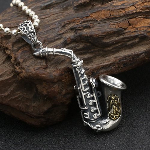 Men's Sterling Silver Virgin Mary Saxophone Necklace