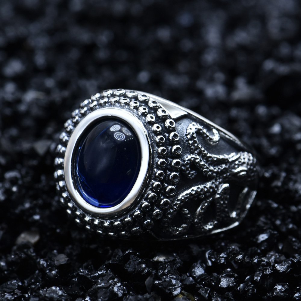 Men's Sterling Silver Octopus Blue Crystal Ring