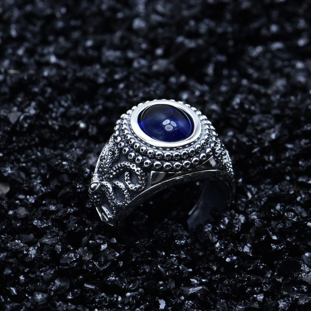 Men's Sterling Silver Octopus Blue Crystal Ring