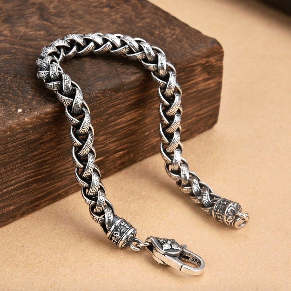 Men's Sterling Silver Oriental Pattern Braided Chain Bracelet