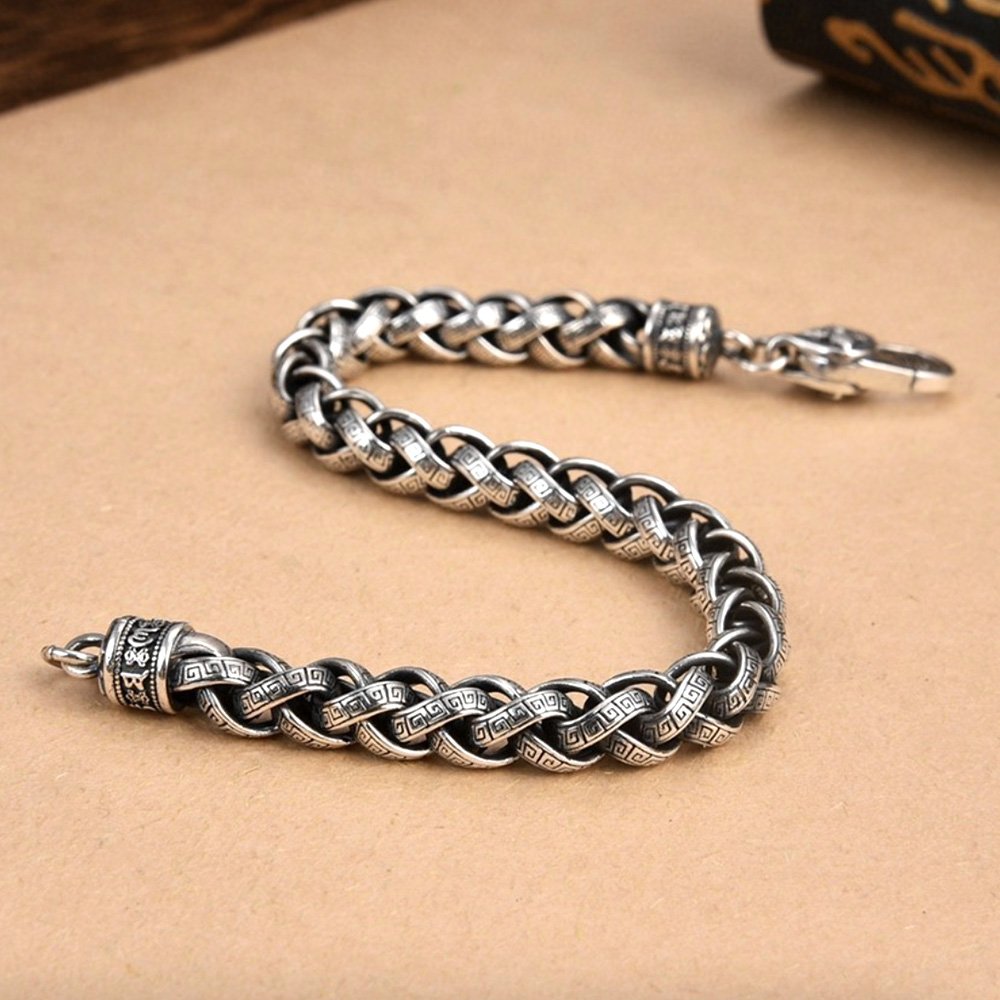 Men's Sterling Silver Oriental Pattern Braided Chain Bracelet