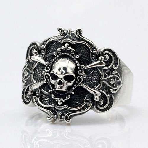 Pirate Skull Captain Crossbones Ring in Sterling Silver top 925 and 10k Gold Fillings Teeth and crossbones men RING