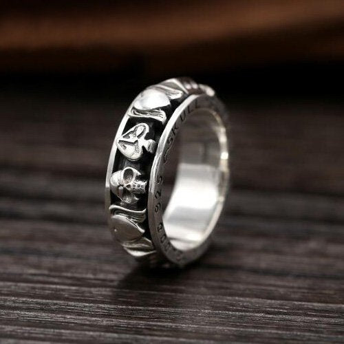 Men's Sterling Silver Poker Suits Skull Ring