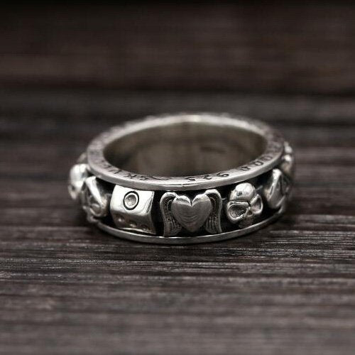 Men's Sterling Silver Poker Suits Skull Ring