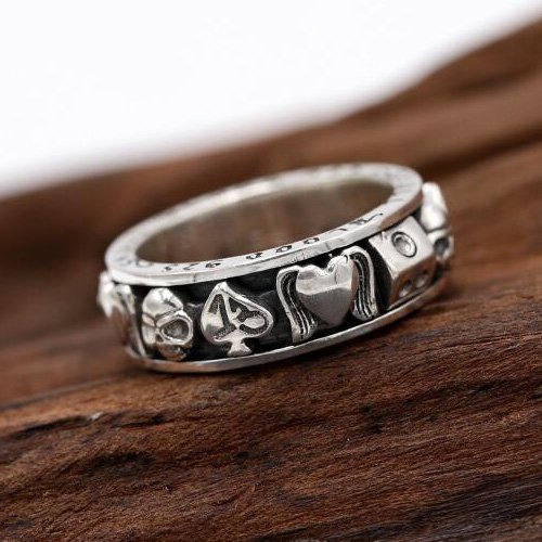 Men's Sterling Silver Poker Suits Skull Ring