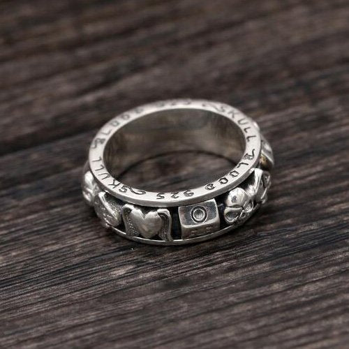 Men's Sterling Silver Poker Suits Skull Ring