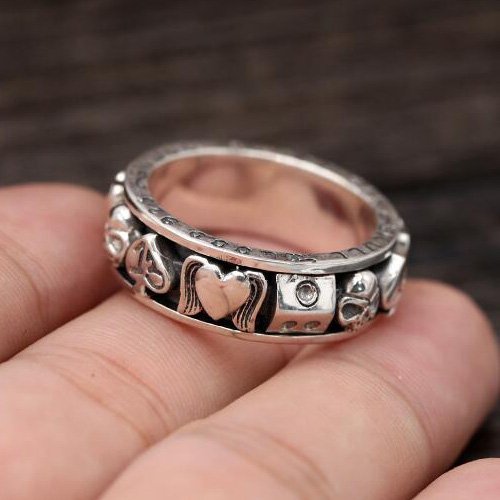 Men's Sterling Silver Poker Suits Skull Ring