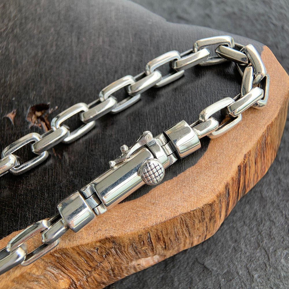 Men's Sterling Silver Link Bracelet – Rectangle Chain | Silver