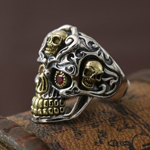 Men's Sterling Silver Red Eyes Skull Ring