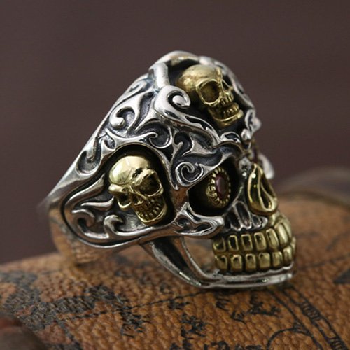 Men's Sterling Silver Red Eyes Skull Ring