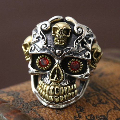 Men's Sterling Silver Red Eyes Skull Ring