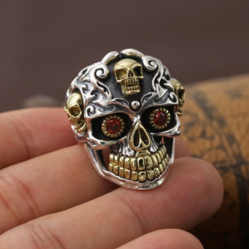 Men's Sterling Silver Red Eyes Skull Ring