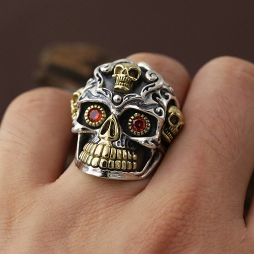 Men's Sterling Silver Red Eyes Skull Ring