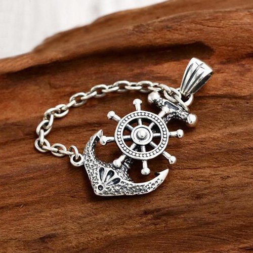 Men's Sterling Silver Rudder Anchor Necklace