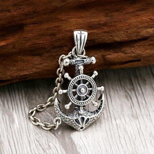 Men's Sterling Silver Rudder Anchor Necklace