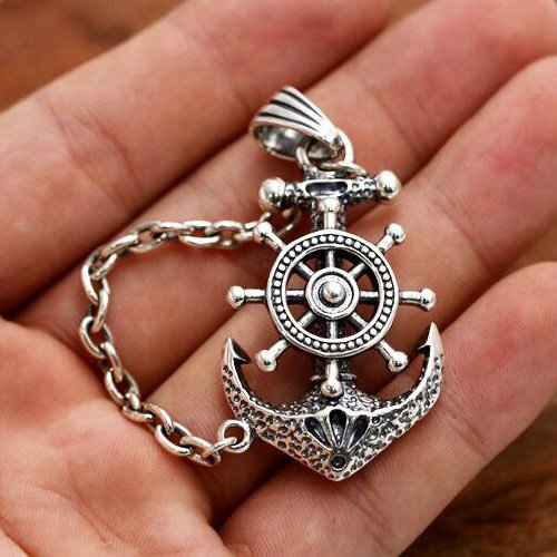 Men's Sterling Silver Rudder Anchor Necklace