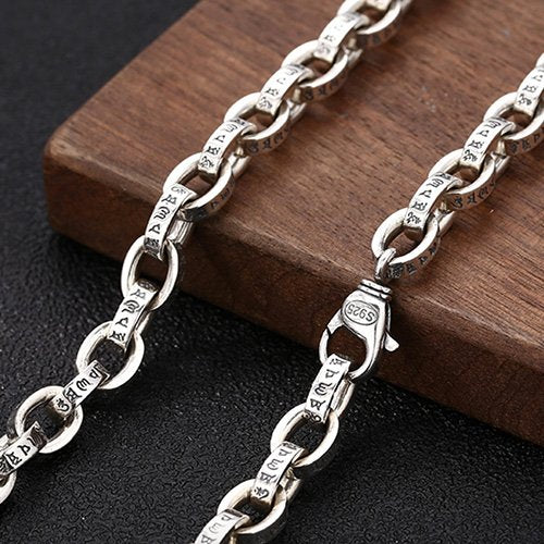 8.5mm Men's Sterling Silver Six True Words Mantra Oval Link Chain 20”-28”