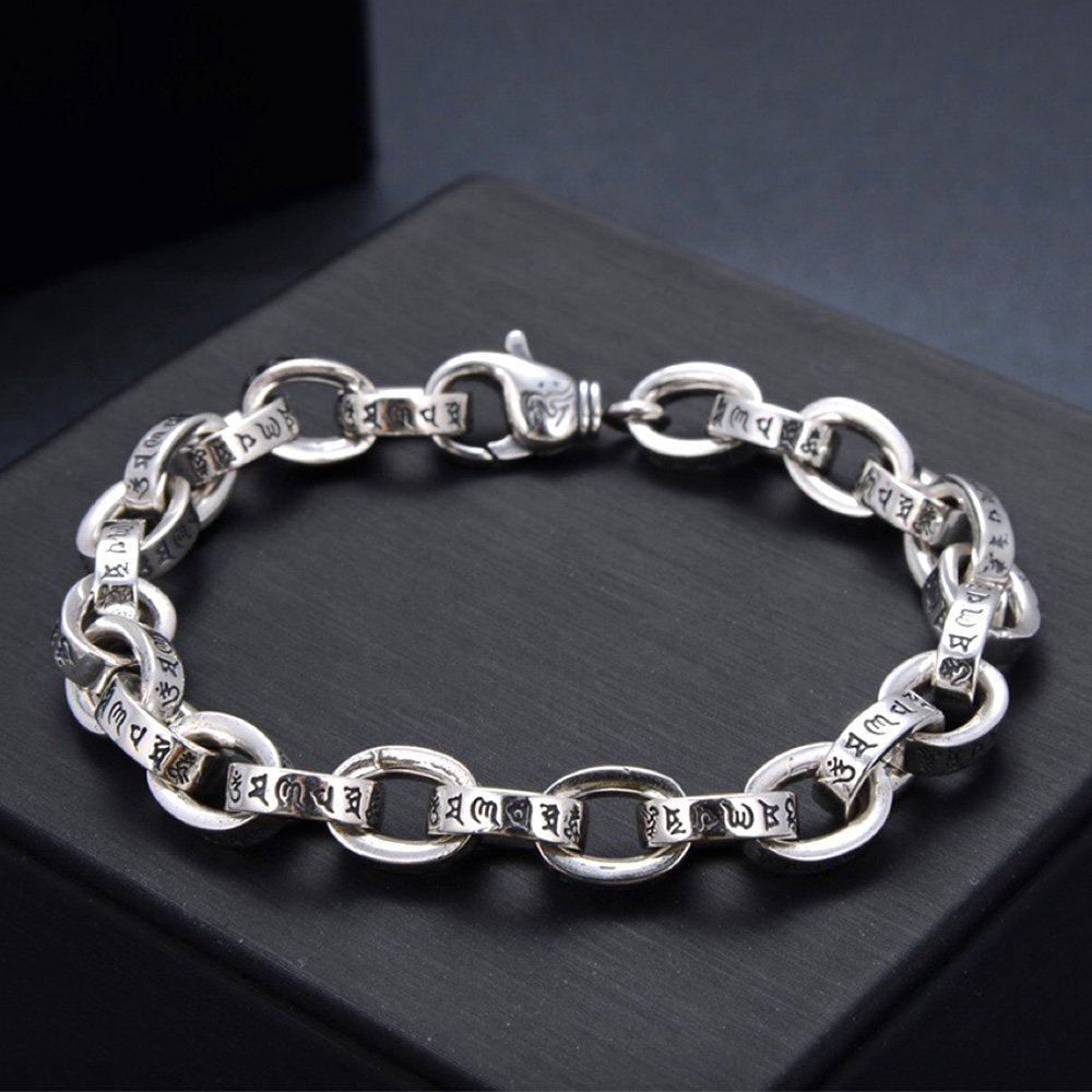Men's Sterling Silver Six True Words Mantra Oval Link Chain Bracelet