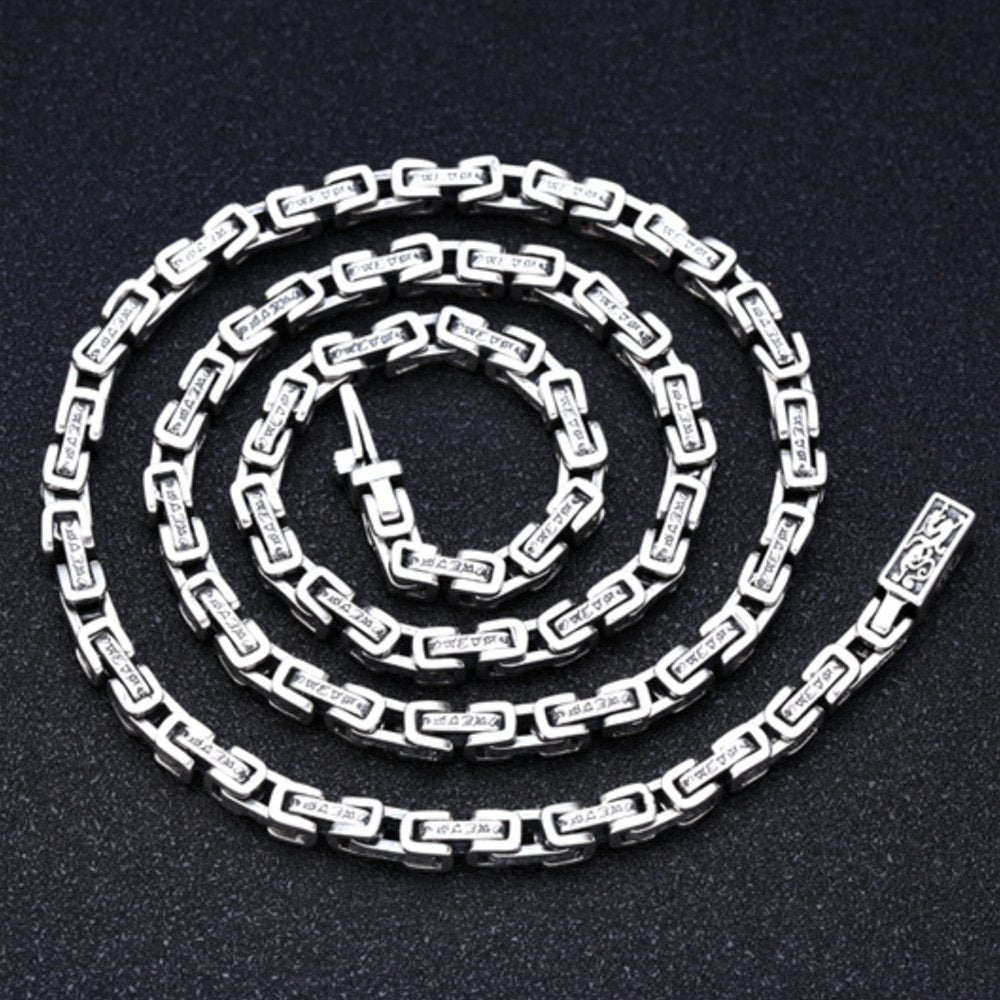 5 mm Men's Sterling Silver Six True Words Mantra Square Byzantine Chain 20”-26”