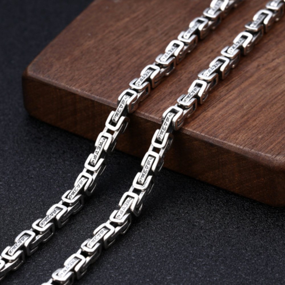 5 mm Men's Sterling Silver Six True Words Mantra Square Byzantine Chain 20”-26”