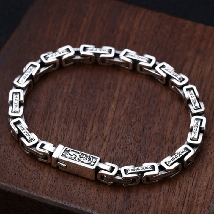 Men's Sterling Silver Six True Words Mantra Square Byzantine Chain Bracelet