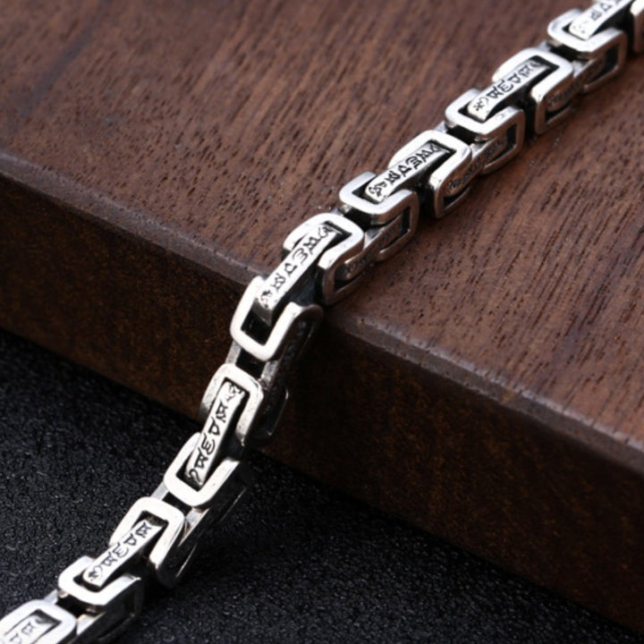 Men's Sterling Silver Six True Words Mantra Square Byzantine Chain Bracelet