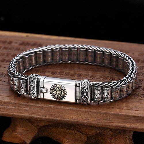 Men's Sterling Silver Six True Words Mantra Wheels Bracelet