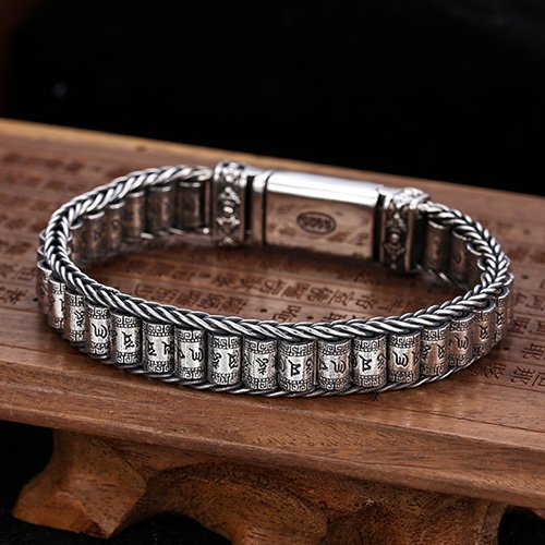 Men's Sterling Silver Six True Words Mantra Wheels Bracelet